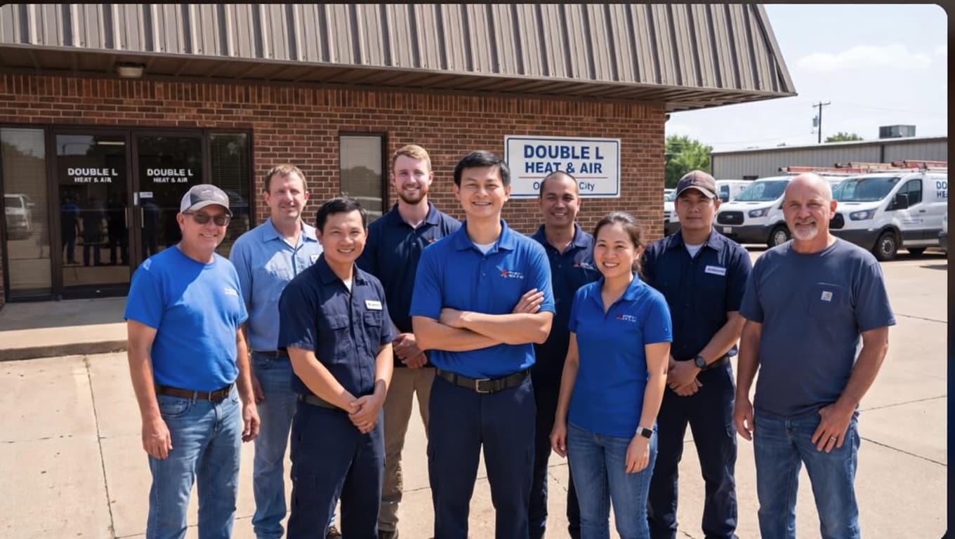 Double L Heat and Air team outside the building